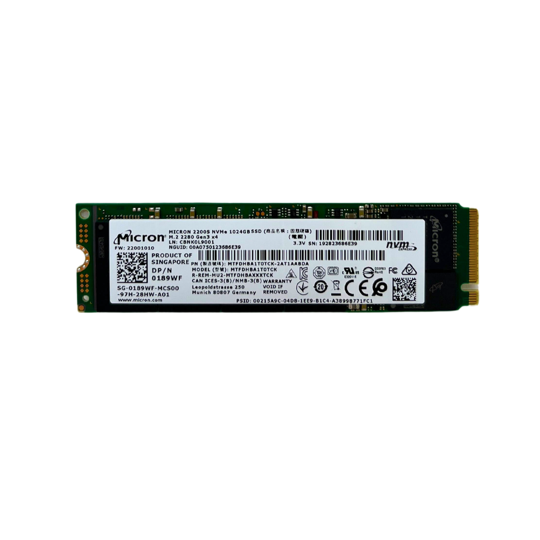 Dell 1TB M.2 2280 NVMe Gen3 x4 SSD Solid State Drive MTFDHBA1T0TCK (0189WF)